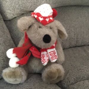 Festive Gray Teddy Bear with Red Accessories